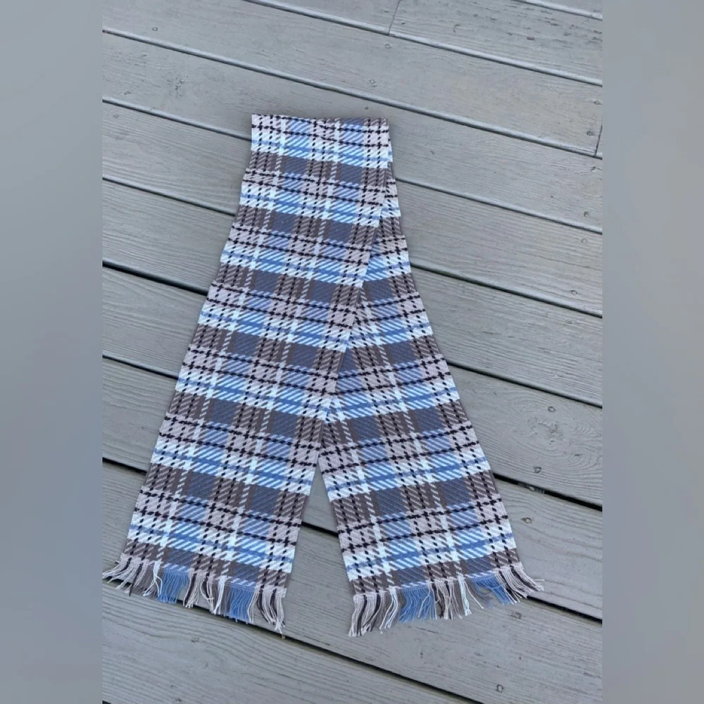 Elegant long plaid scarf with fringes (cream/blue/brown/tan), Size: 60”L.x 9”